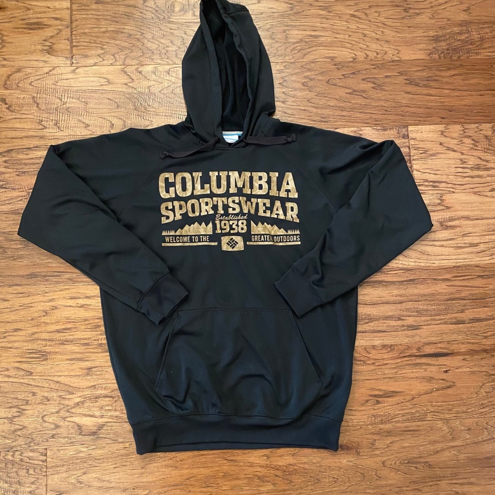 Columbia Sportswear Hoodie Mens Medium Black Gold Graphic Sweatshirt 1938 Logo